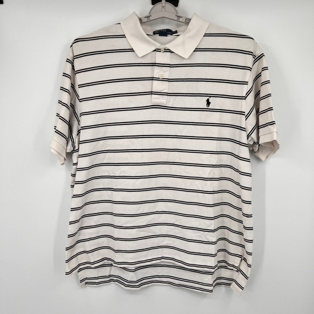 Polo Ralph Lauren Mens 2XB Big White Navy‎ Blue Striped Cotton Pique Polo Shirt